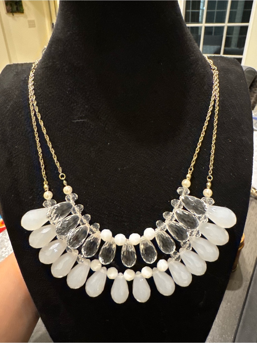ZAD White Clear Beaded Teardrop Double Strand Bib Statement Necklace